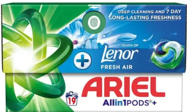 Ariel All-in-1 Pods Fresh Air & Lenor 19 wasbeurten, Doos van 4 stuks, Stuksprijs: €5,46