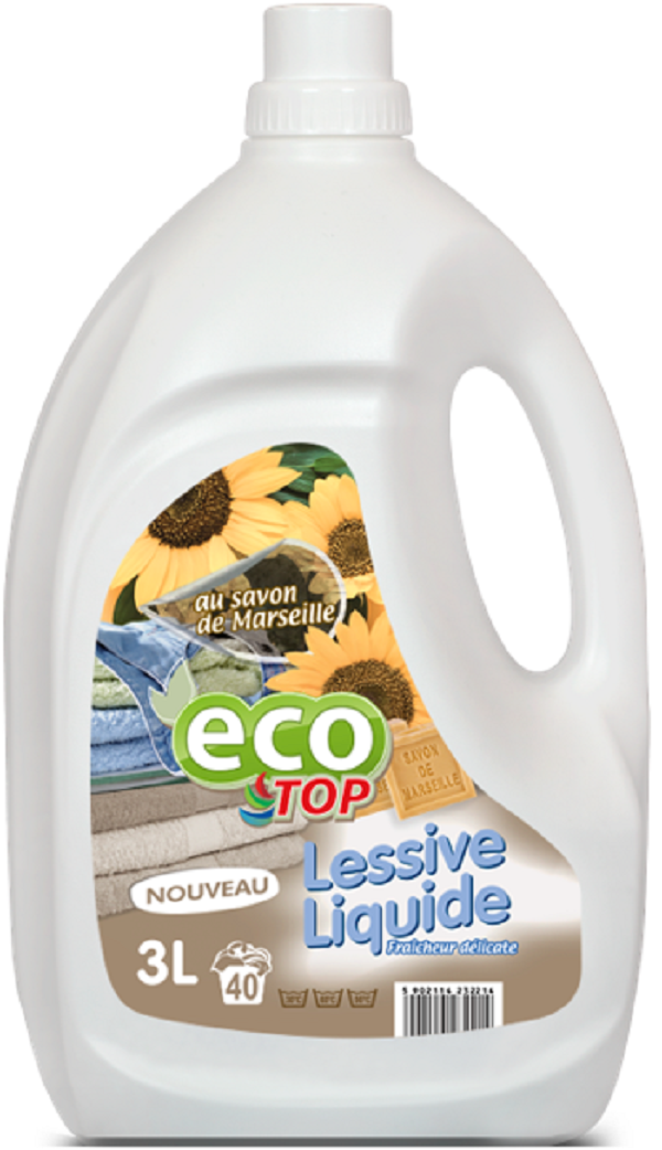 EcoTop vloeibaar wasmiddel savon de marseille 3L 40 wasbeurten. Doos van 4 stuks