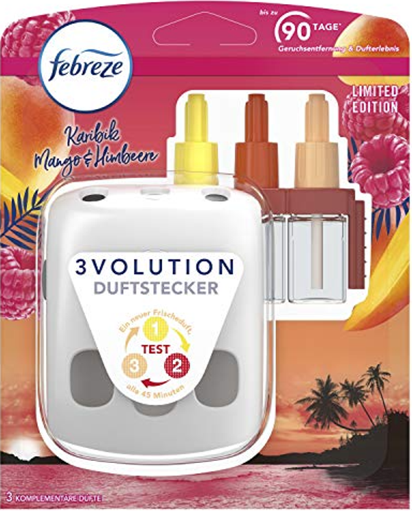 Febreze 3Volution geur plug + navul fles Caribbean Mango en Framboos. Doos van 4 stuks