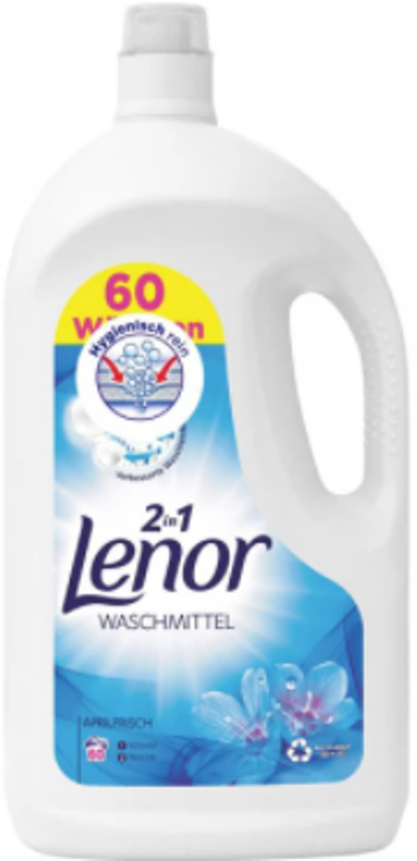 Lenor vloeibaar wasmiddel 2 in 1 april fris 60 wasbeurten. Doos van 3 stuks