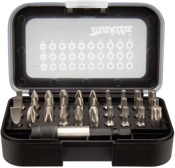 Makita 31 delige bitset in cassette met riemclip. Doos van 12 stuks