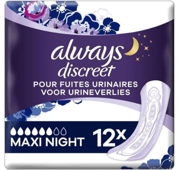 Always Discreet Maxi Night Verband En Voor Urineverlies - Maxi Night - 12 Stuks  Doos van 4 stuks  Stuksprijs: €2,50