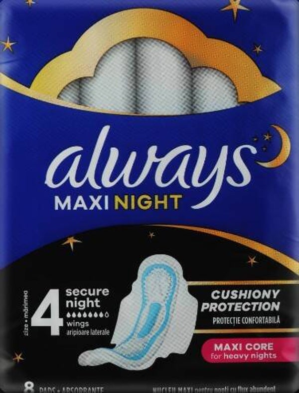 Always Maxi Night 8st met vleugels maat 4. Doos van 16 stuks. Stuksprijs: €1,59