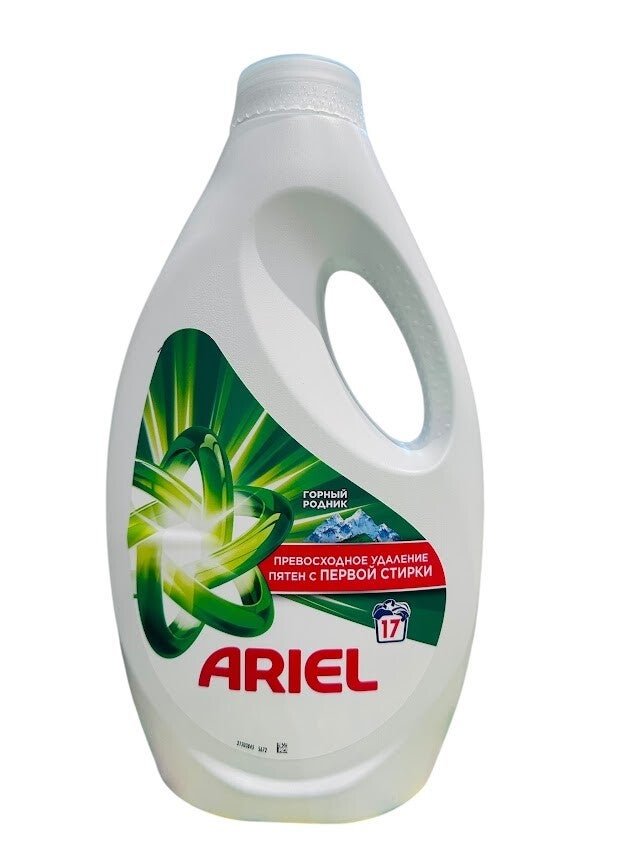 Ariel Universal mountain spring vloeibaar wasmiddel 17 wasbeurten. Doos van 4 stuks. Stuksprijs: € 2,95