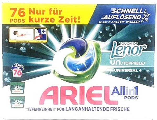 Ariel All-in-1 Pods Universal+ –76 wascapsules-2x38 pods/1793,6g. Stuksprijs: € 22,80