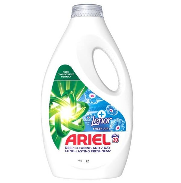 Ariel +Lenor Fresh Air Vloeibaar Wasmiddel 4x 30 wasbeurten. Doos van 4 stuks. Stuksprijs: €5,95