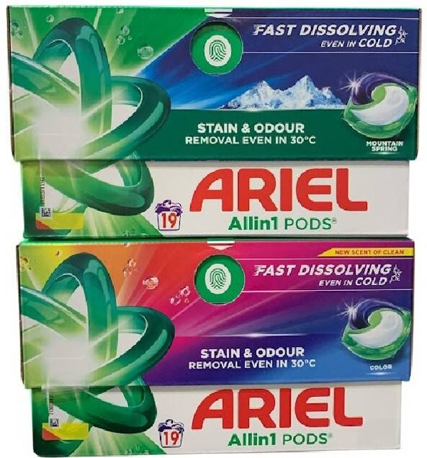 Ariel Mixdoos All-in-1 Pods 19 wasbeurten 2 varianten 12st.  Doos van 12 stuks  Stuksprijs: €59,69