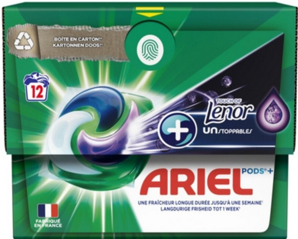 Ariel Pods Plus Lenor Unstoppables 12 wasbeurten. Doos van 4 stuks. Stuksprijs: € 3,60