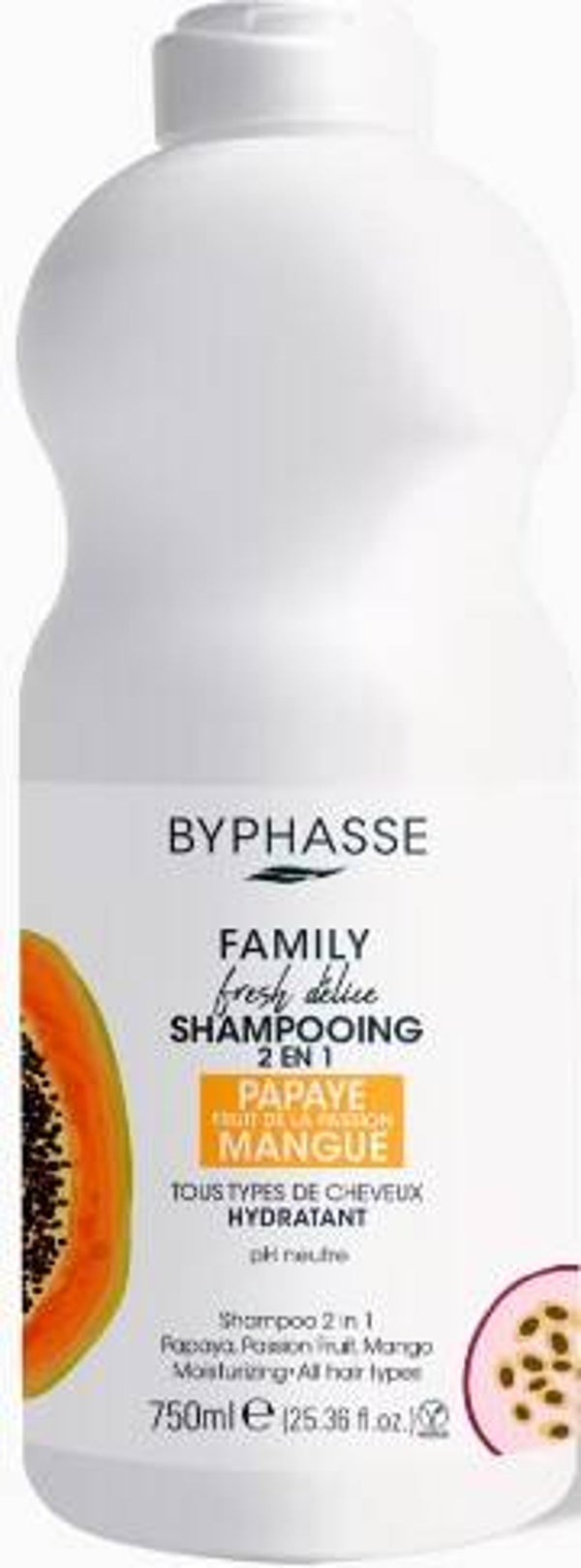 Byphasse shampoo 2in1 hydraterend papaja, passievrucht, mango. 750ml. Stuksprijs:€2, 25