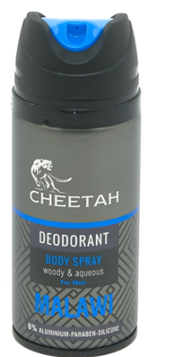 Cheetah Deospray Malawi 150 ml.  Doos van 12 stuks  Stuksprijs: € 0,99