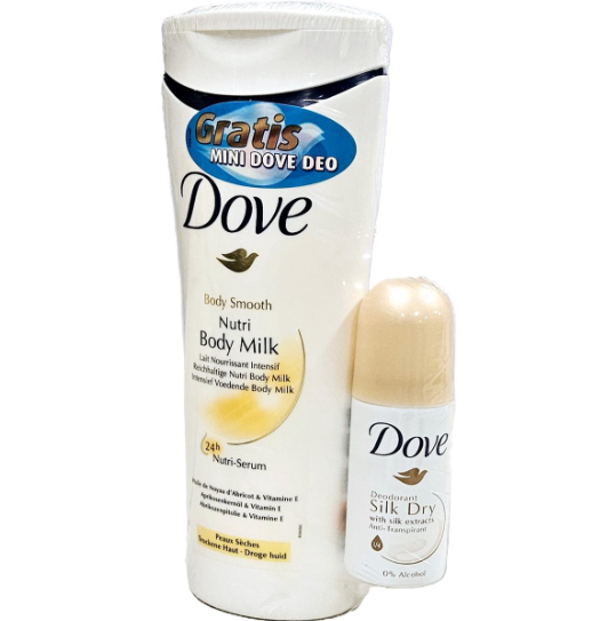 Dove Fresh Hydro BodyLotion 400ML + Dove Silk Dry Deodorant Spray. Doos van 6 stuks. Stuksprijs:€2.25