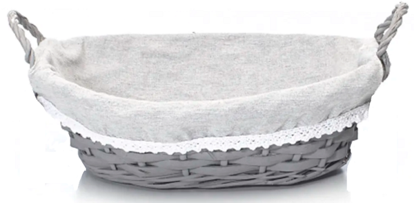 Mand riet ovaal 33x25x9cm met gebrek wit stofje. Doos van 6 stuks