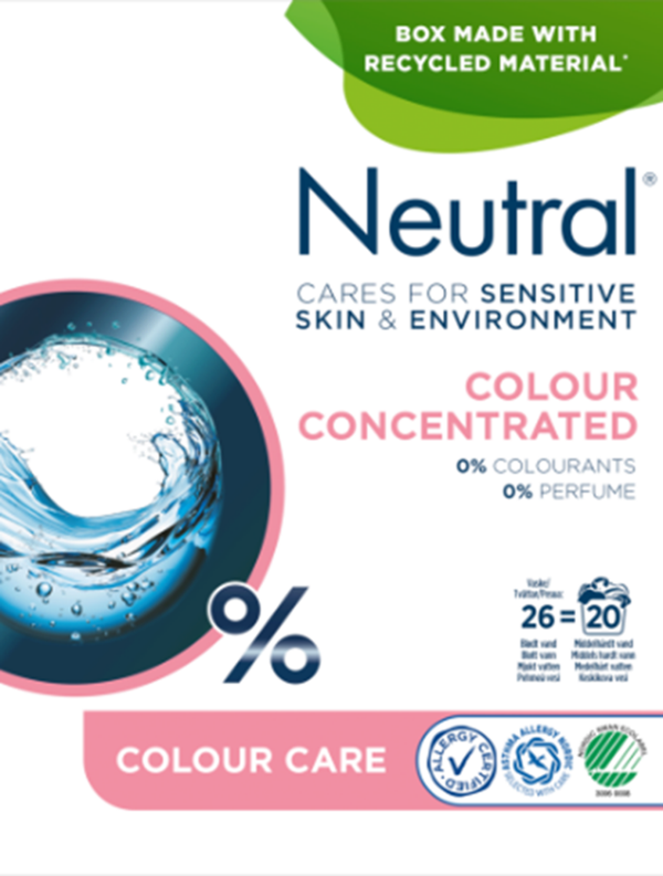 Neutral geconcentreerde kleur waspoeder 20 wasbeurten.  Doos van 6 stuks  Stuksprijs: € 3,90
