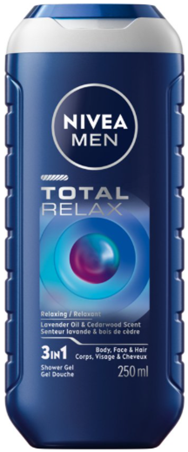 Nivea 3in1 Men Douchegel Total Relax 250 ml. Doos van 6 stuks. Stuksprijs: €1,50