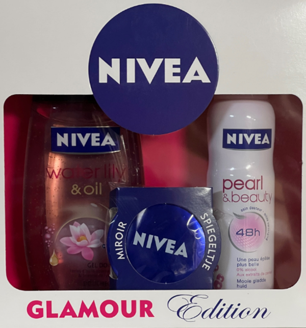 Nivea Glamour Geschenkset met douchegel, deodorant en spiegeltje. Stuksprijs: € 4,50