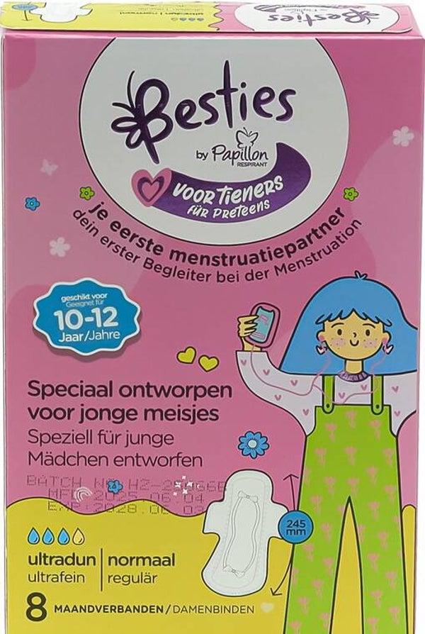 Papillon Besties Tweens maandverband 8st ultra dun met vleugeltjes  Doos van 24 stuks  Stuksprijs: €0,86