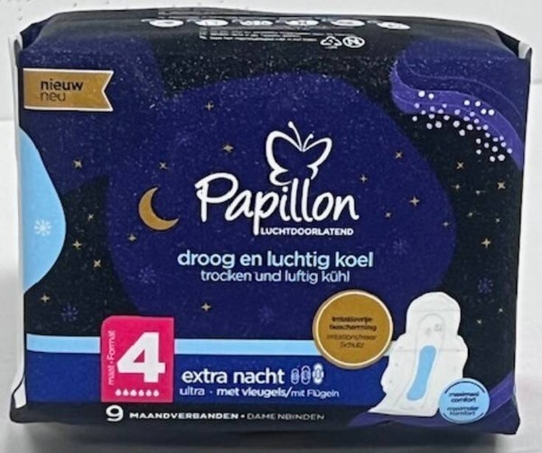 Papillon Maandverband Extra Nacht Ultra met Vleugels – Maat 4 (9 stuks). Doos van 18 stuks. Stuksprijs: €1,15
