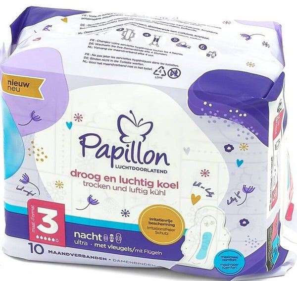 Papillon maandverband 10st nacht ultra met vleugeltjes maat3  Doos van 18 stuks  Stuksprijs: € 1,27