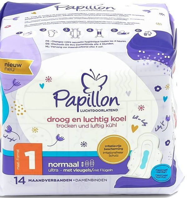 Papillon maandverband 14st normaal ultra vleugeltjes maat 1. Doos van 18 stuks. Stuksprijs: € 1,53