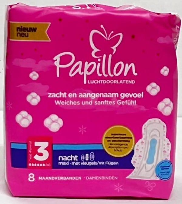 Papillon Maxi Nacht met Vleugel maat 3.  Doos van 18 stuks  Stuksprijs: €1,14