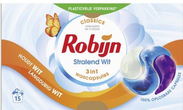 Robijn Wascapsules 3-in-1 Stralend Wit 15 stuks, Doos van 4 stuks, Stuksprijs: €6,57