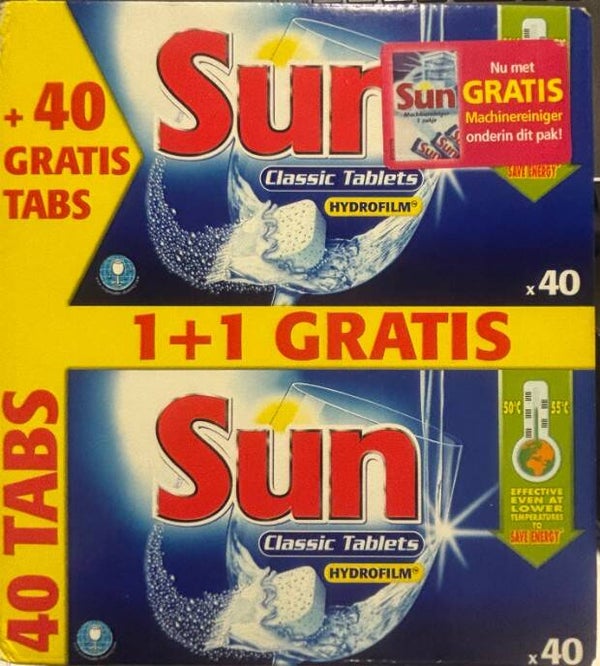 Sun Classic vaatwastabletten 1 + 1 Gratis. 80 stuks. Doos van 5 stuks. Stuksprijs: €6,65