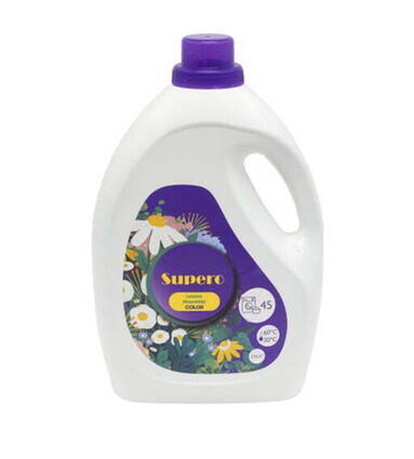 Supero kleuren wasmiddel 2,5L - 45 wasbeurten.  Doos van 5 stuks  Stuksprijs: €2,89