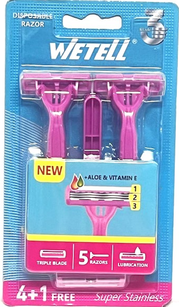 WETELL 5 Wegwerpscheermesjes Dames met 3 Mesjes. Doos van 6 stuks. Stuksprijs: € 1,75