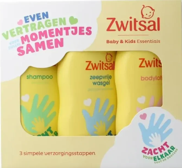 Zwitsal Essentials Geschenkset – 3 x 200 ml – Shampoo, Wasgel & Bodylotion, Doos van 5 stuks, Stuksprijs: €7,28