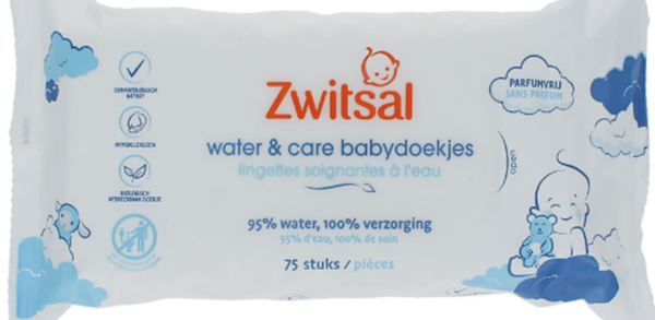 Zwitsal Water & Care Babydoekjes 75 stuks. Doos van 12 stuks