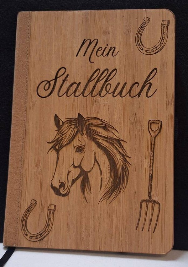 Notiz Buch Holz Kork gebunden mit Gravur Stallbuch