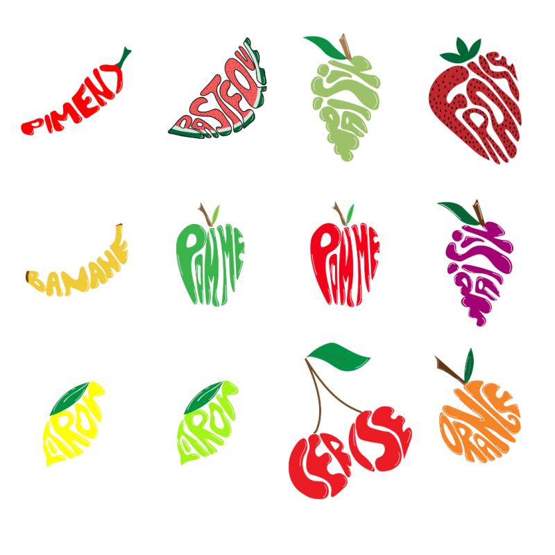 Illustration de fruit et legume de couleur et dans la forme du fruit en question