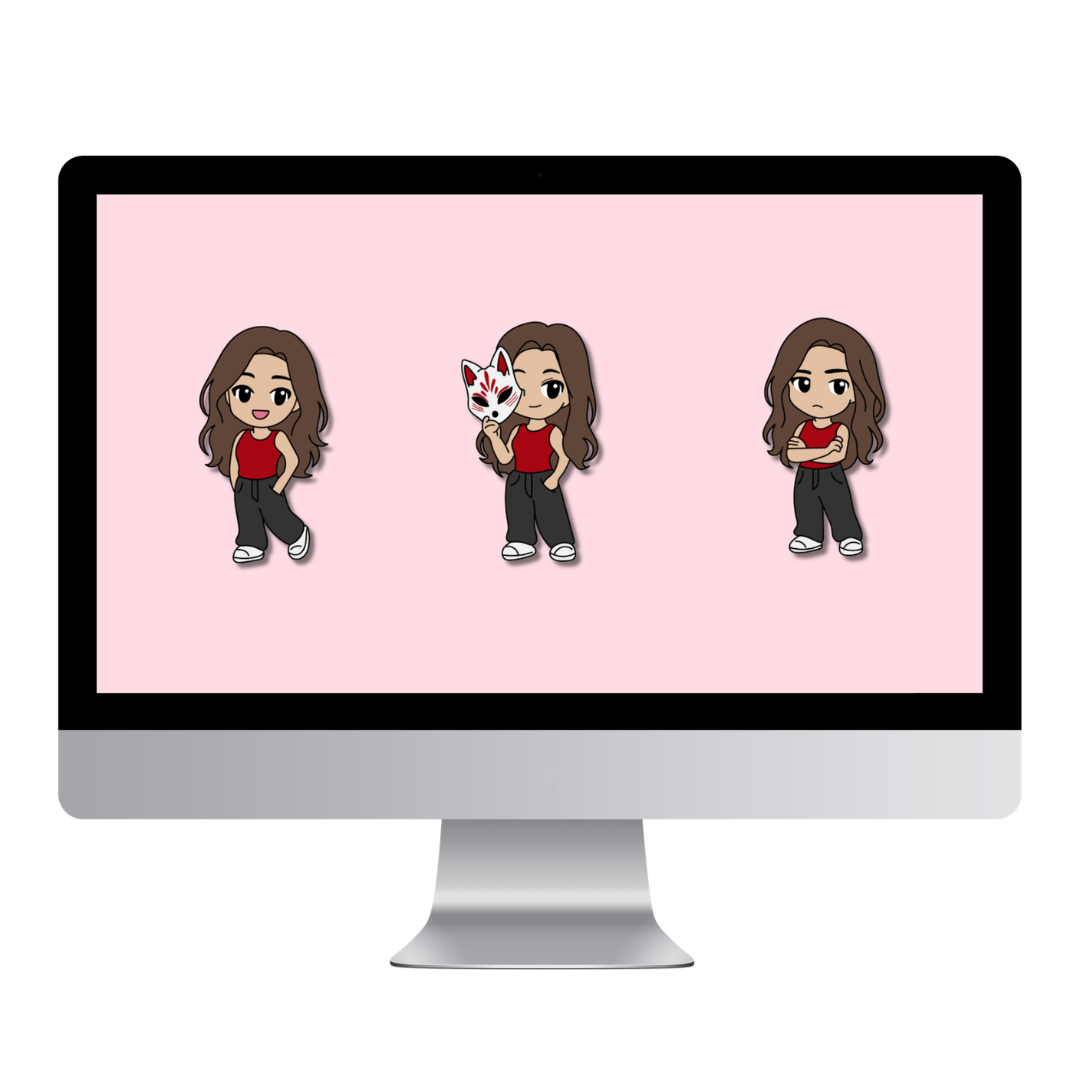 Illustration de mascotte feminine style cartoon et ses deux déclinaisonsutilisée pour identité visuelle par Okami Studio - Offre Evolutive