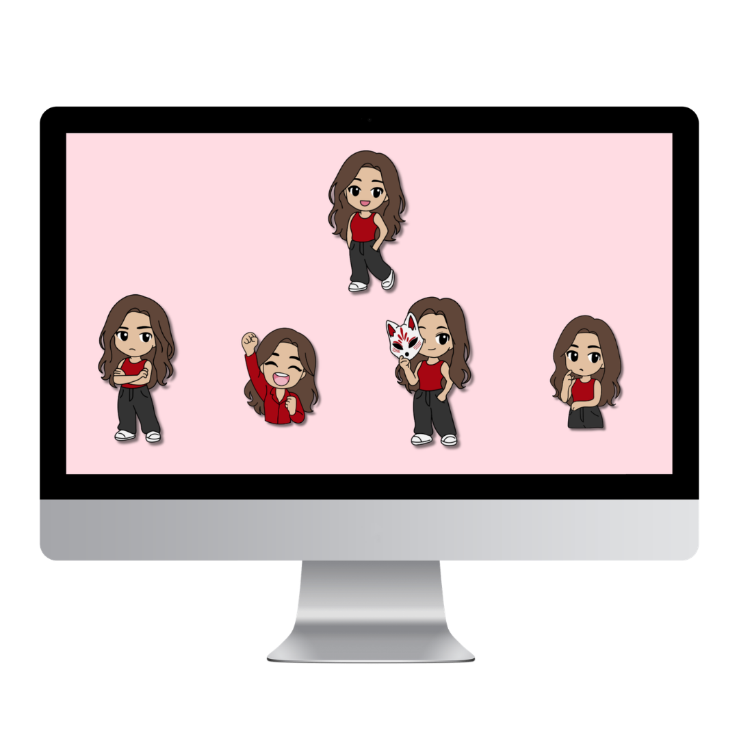 Illustration de mascotte feminine style cartoon et ses qutre déclinaisons utilisée pour identité visuelle par Okami Studio - Offre Complète