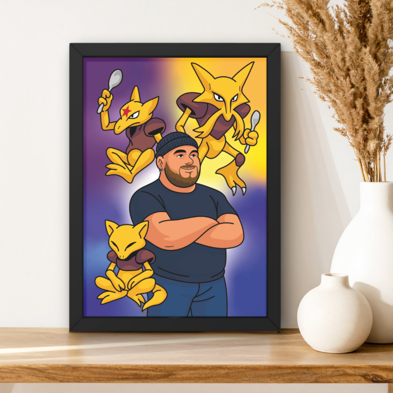 Illustration personnalisée -  Homme avec ses pokémons préférés