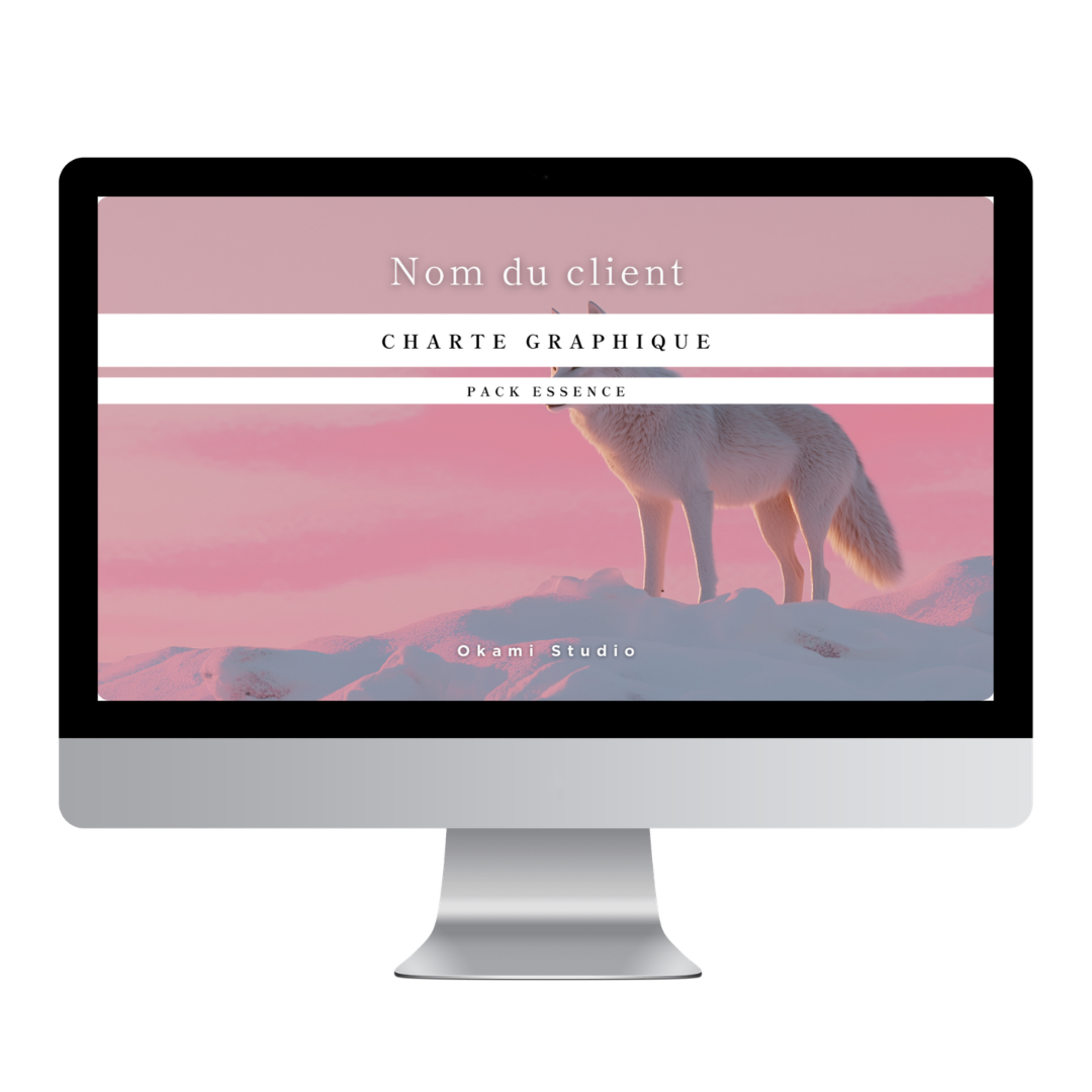 Maquette de charte graphique rose affichée sur écran d'ordinateur, création d'identité visuelle par Okami Studio - Pack Essence