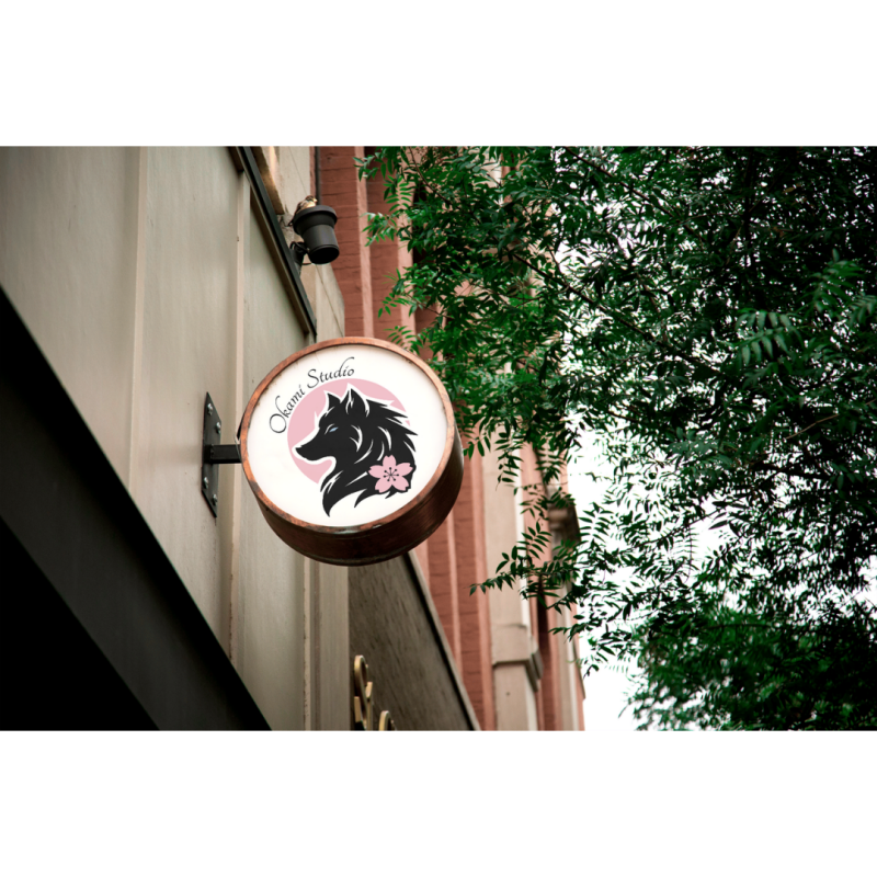 Mockup Okami Studio logo exterieur