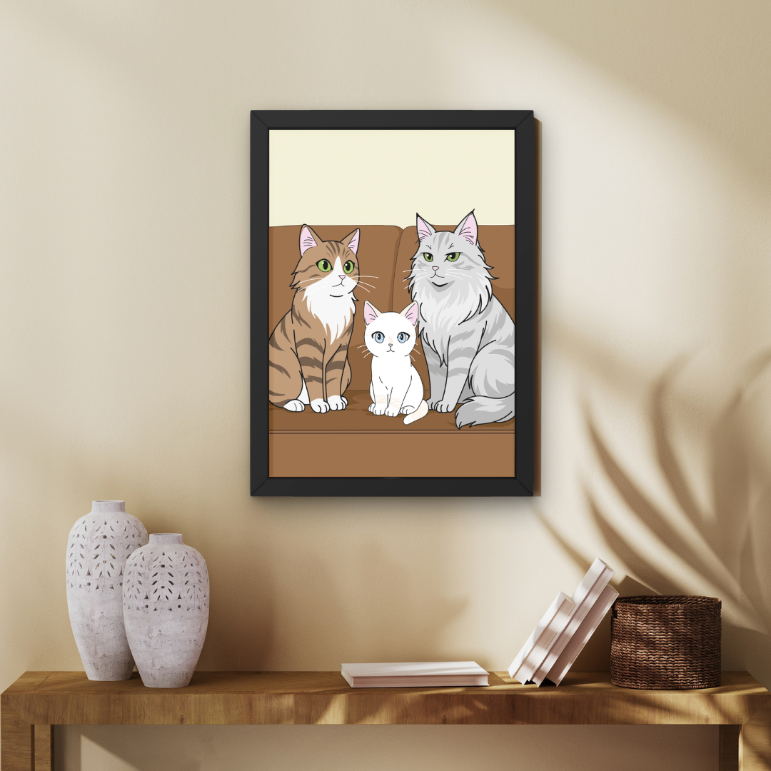 Illustration personnalisée de chats encadrée pour décoration murale réalisée par Okmi Studio