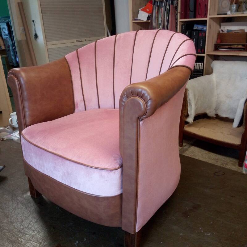 Fauteuil tonneau velours simili cuir