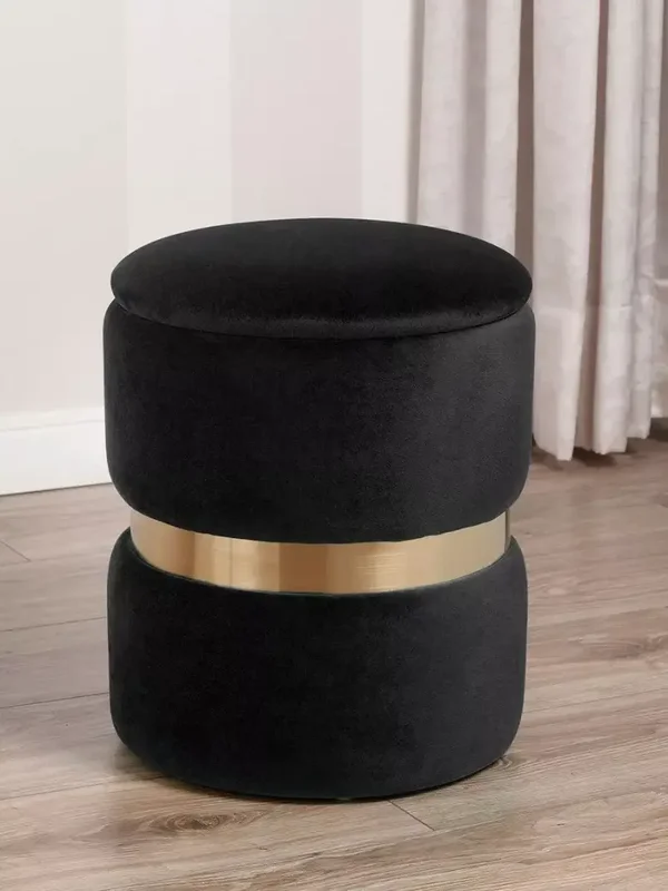Puff Oscar con almacenaje en terciopelo negro y metal dorado estilo Art Déco