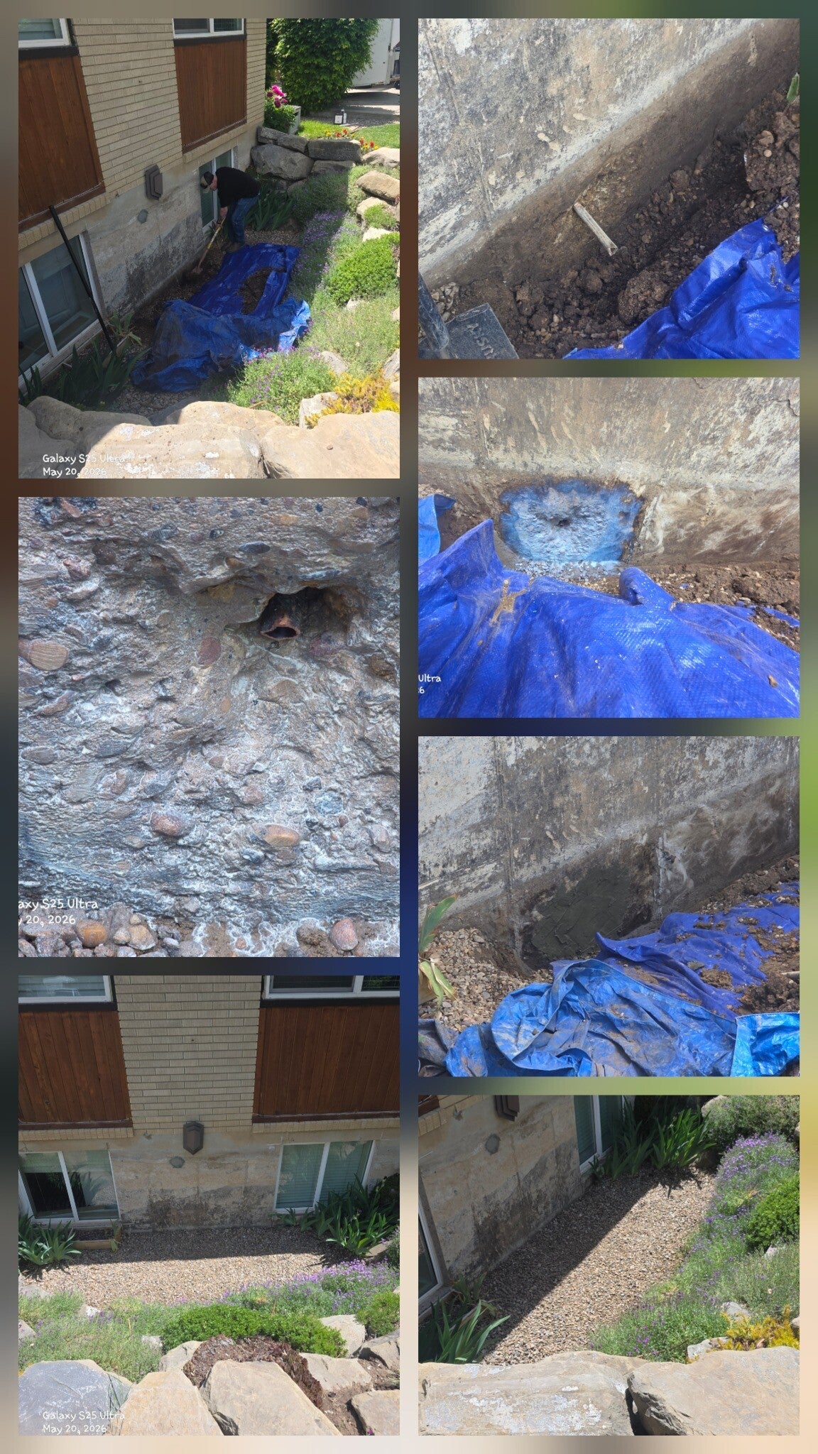 Collage showing excavation and concrete patching around an exterior opening in Kaysville