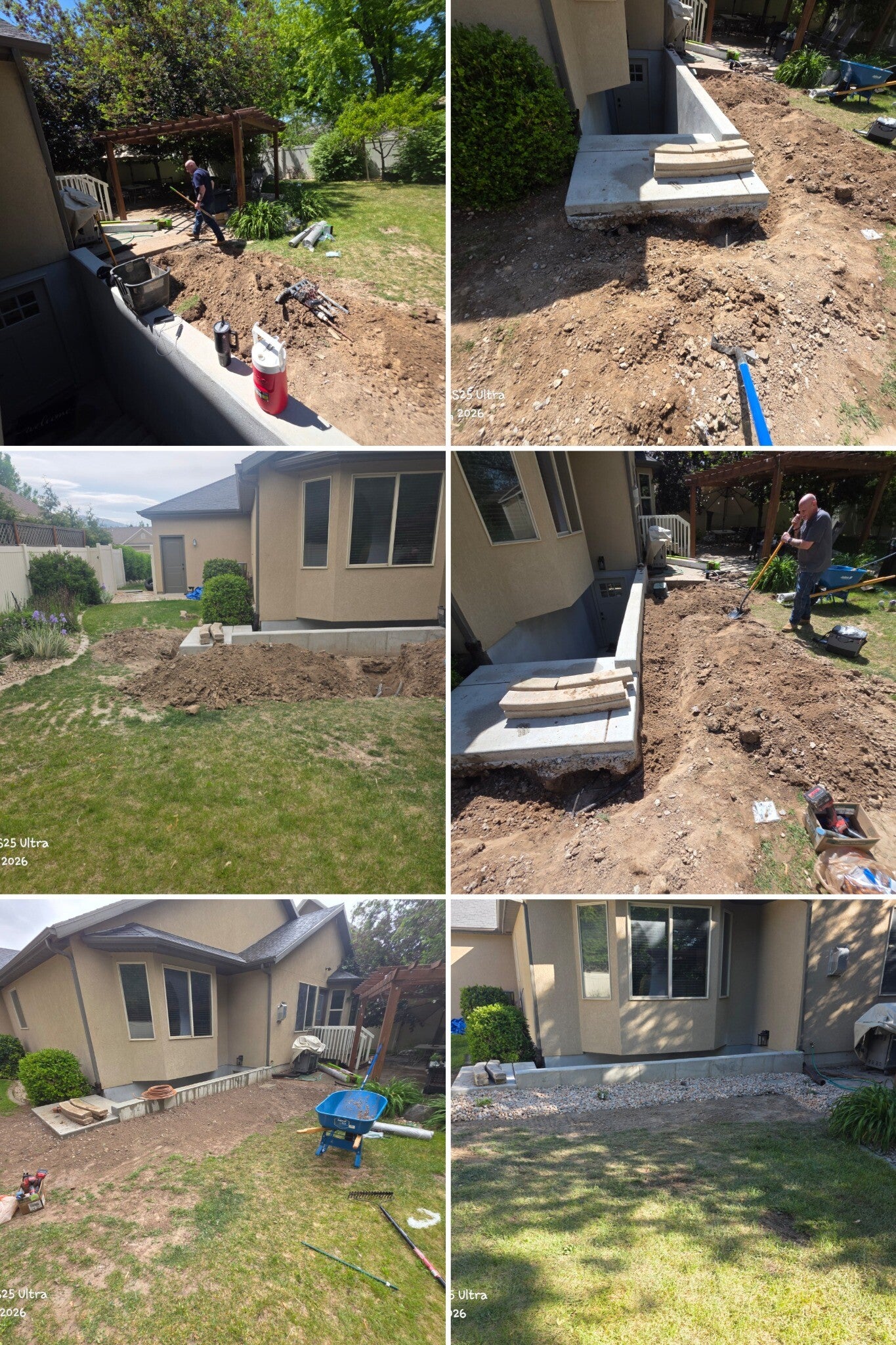 Collage showing excavation and rock landscaping stages beside a Kaysville home