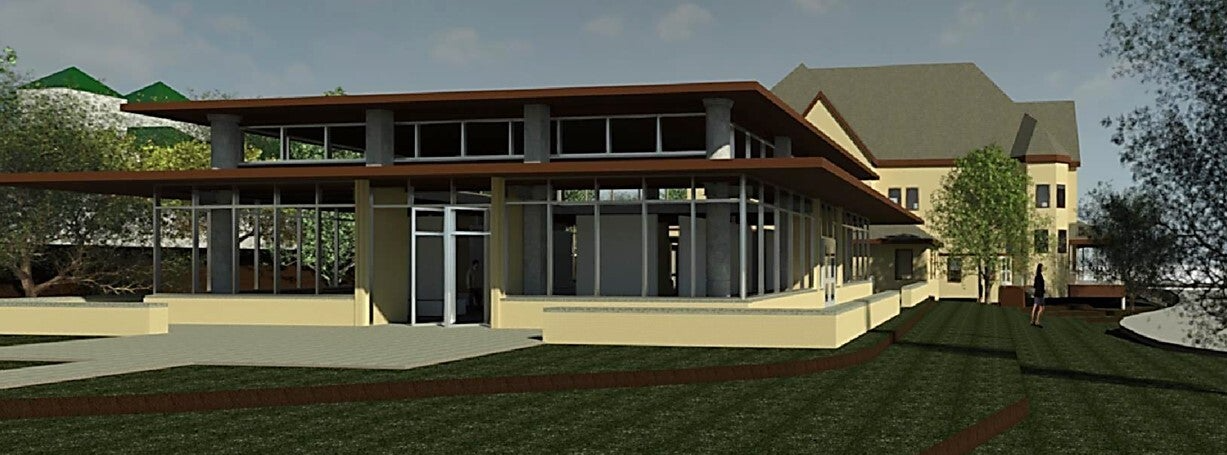 3D rendering of Ward Memorial Hall theater at Soldiers Home in Milwaukee camera at ground level hi-res rendering cream brick building