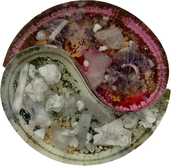 Yin yang amethist, rozenkwarts, howliet, seleniet