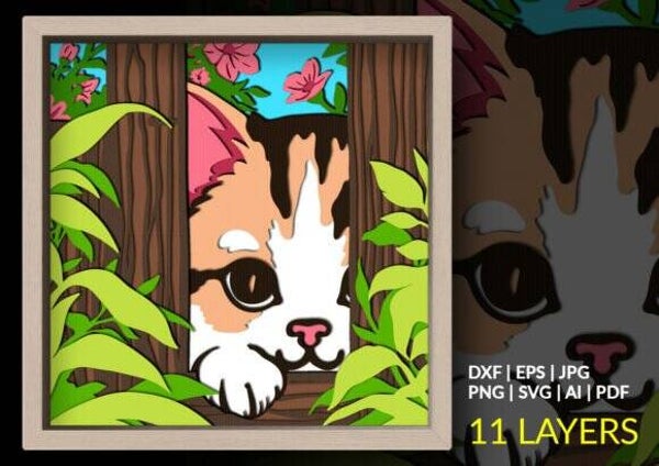 Peeking Cat Garden Shadow Box, Cat SVG