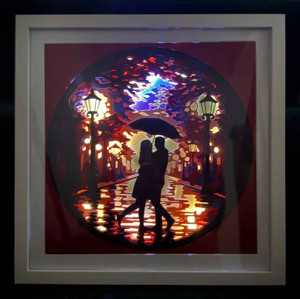 Couple in the rain 3d Shadow Box with Lights