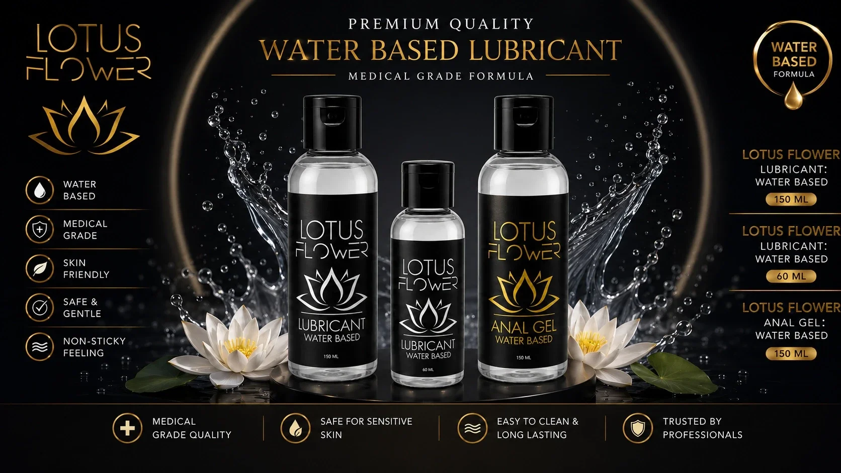 Lotus Flower 3-Pack Water-Based Lubricant - 150 Ml Anal / 150 Ml Neutral / 60 Ml Neutral