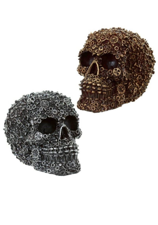 schedel woonaccessoire, gedecoreerd met schroeven en bouten.