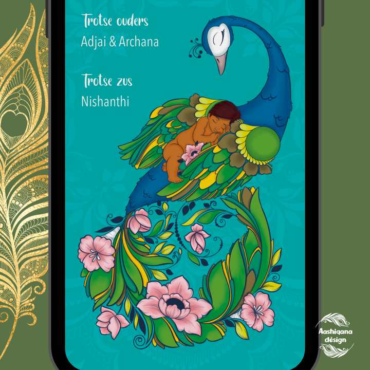 Digitale uitnodiging/geboortekaartje 'Dromende pauw'