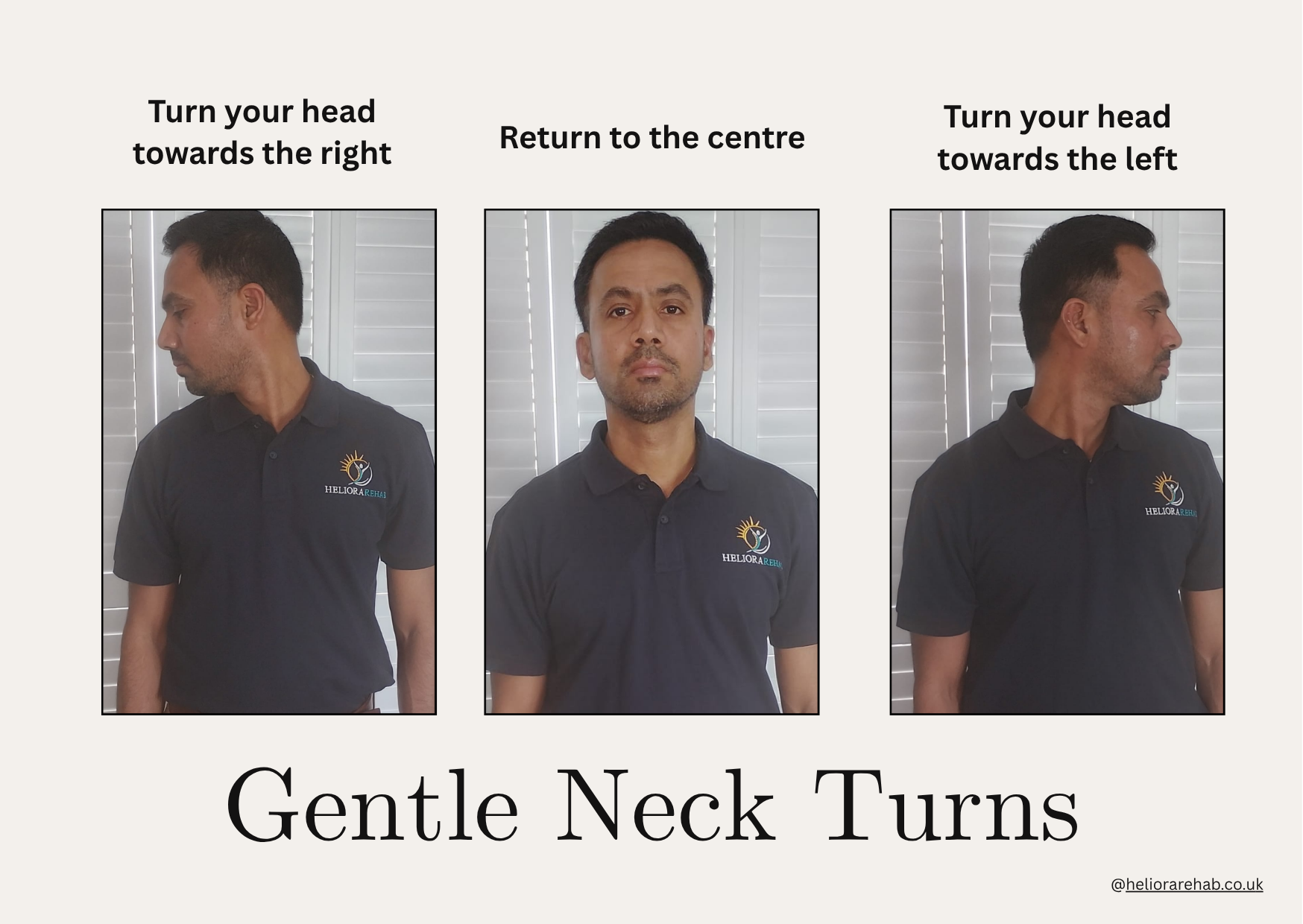 Demonstration of gentle neck turns for neck pain and stiffness